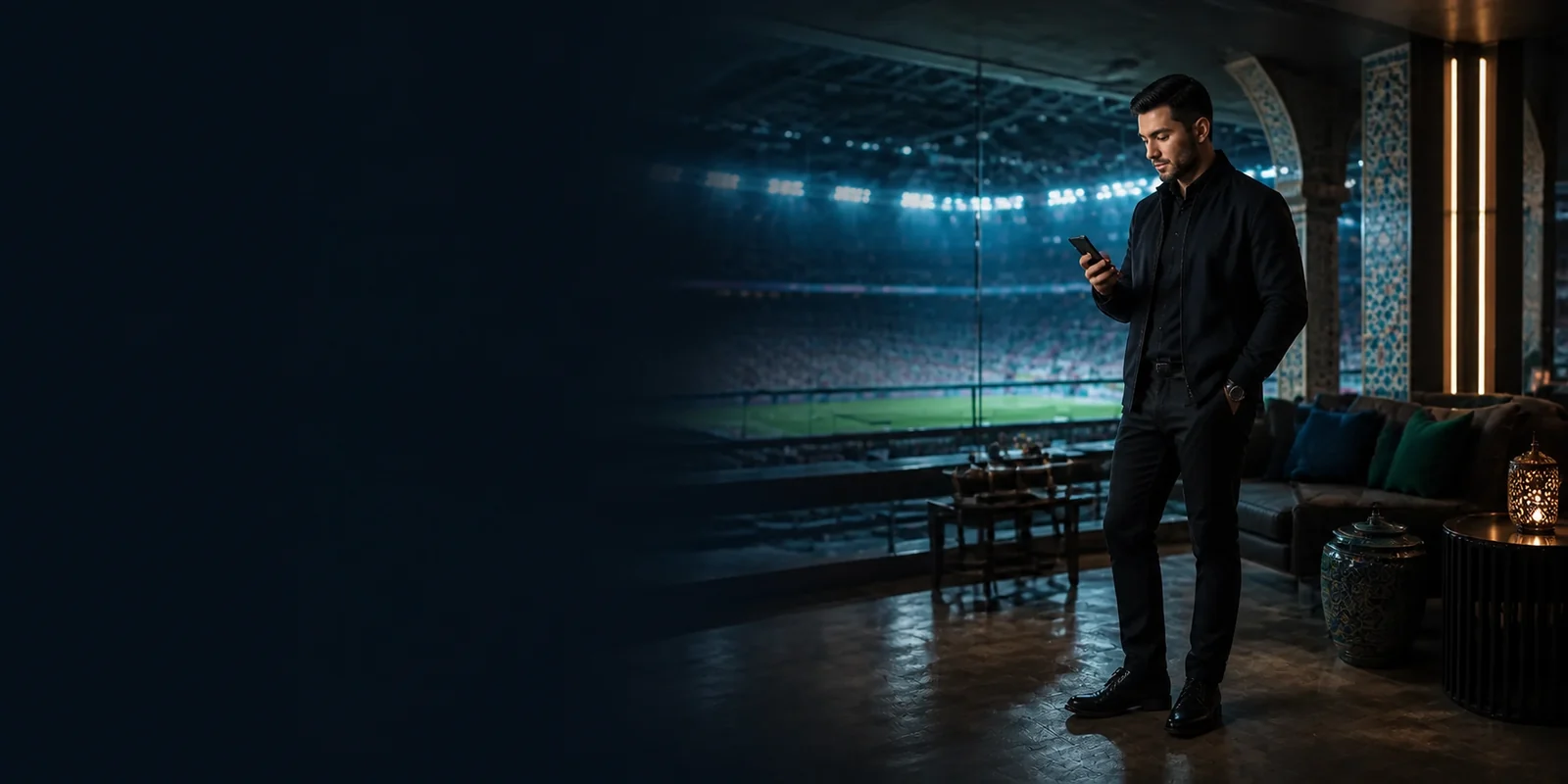 O'zbekistonlik sports fan using a mobile casino in an arena lounge